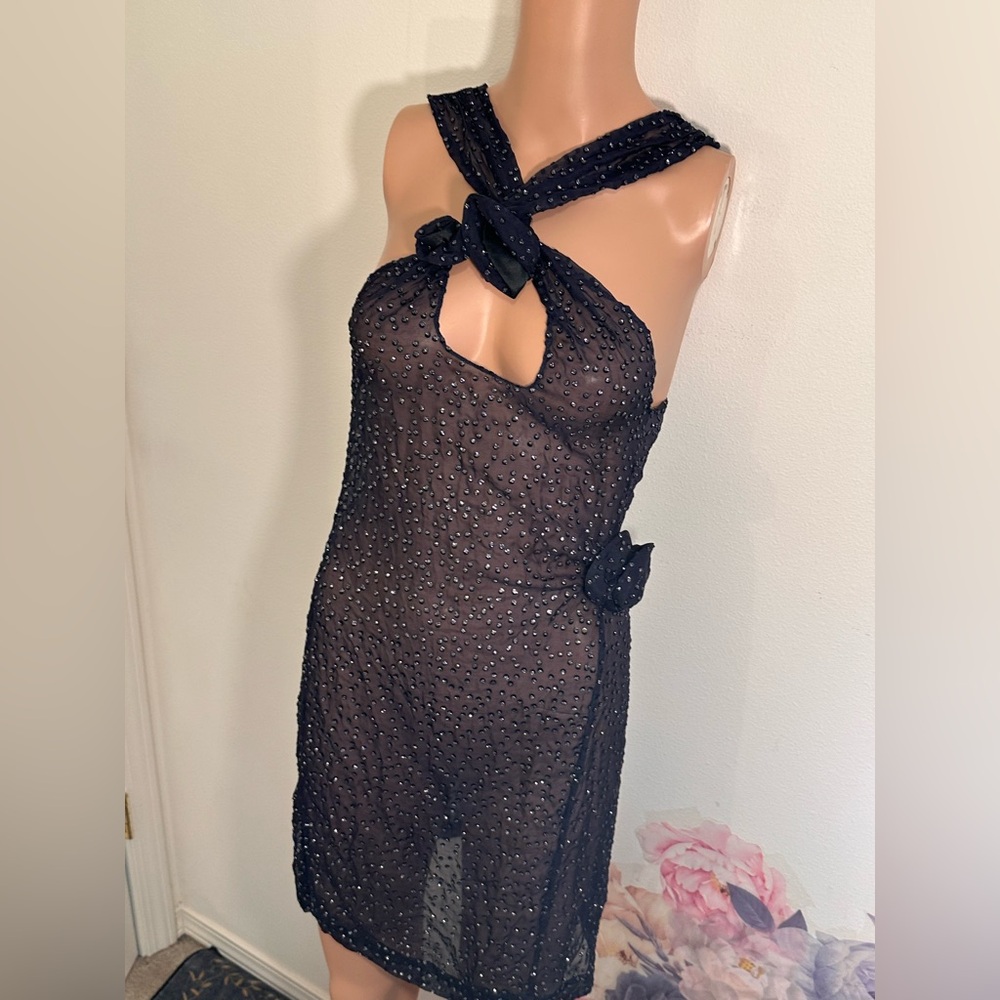 New Coperni Crossover Halter Neck Mini Dress in Dark Navy mesh sheer sparkle - Picture 6 of 10